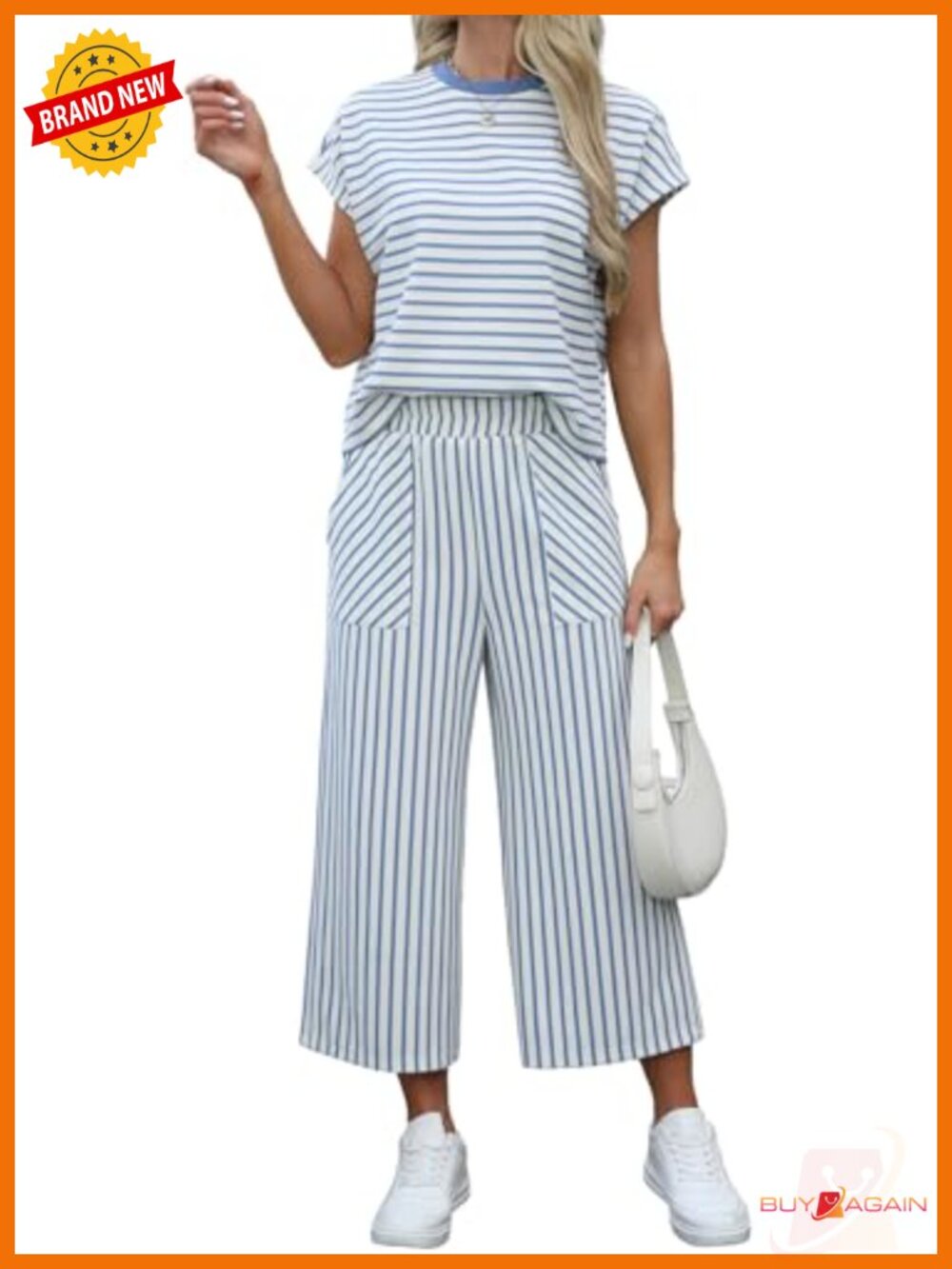 Striped cap sleeve top and capri pants set, relaxed fit, polyester blend